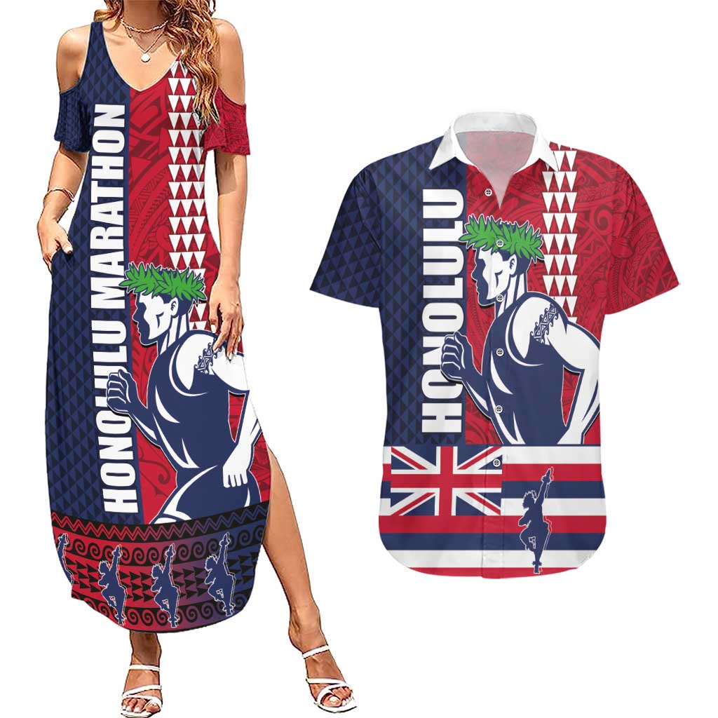 Honolulu Running 2024 Couples Matching Summer Maxi Dress and Hawaiian Shirt Marathon Competition Hula Runner and Kakau Art Tattoo