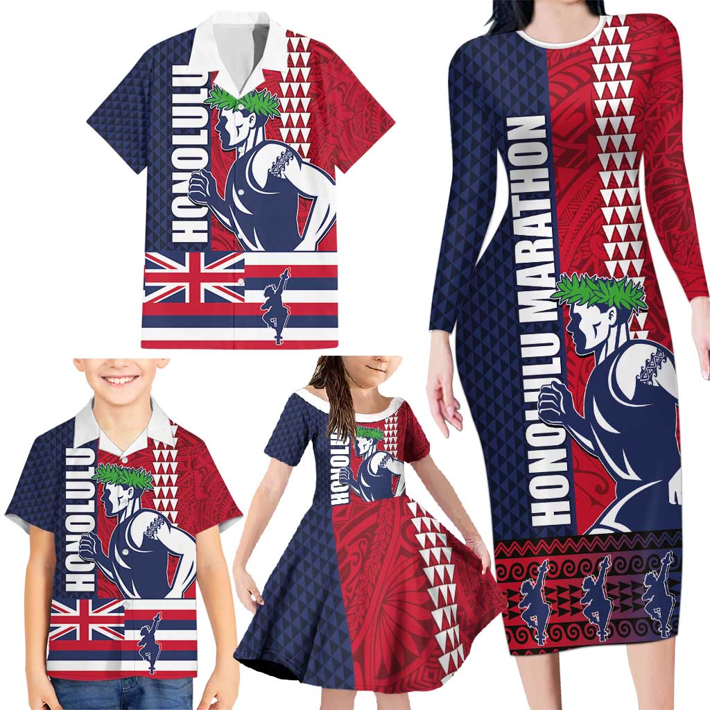 Honolulu Running 2024 Family Matching Long Sleeve Bodycon Dress and Hawaiian Shirt Marathon Competition Hula Runner and Kakau Art Tattoo