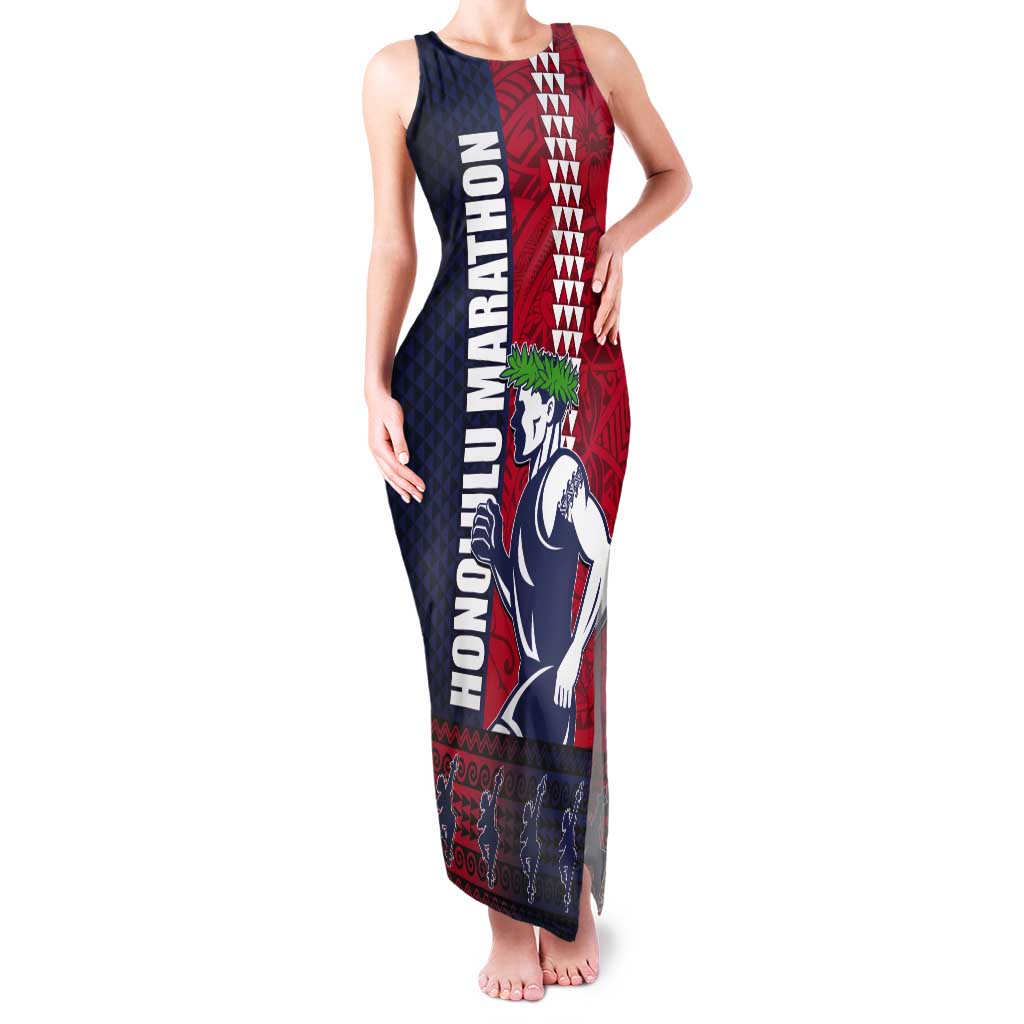 Honolulu Running 2024 Tank Maxi Dress Marathon Competition Hula Runner and Kakau Art Tattoo