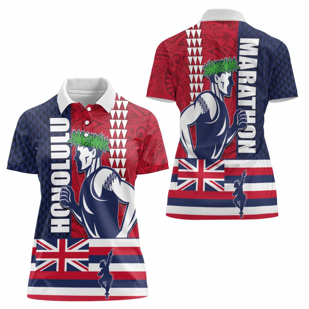 Honolulu Running 2024 Women Polo Shirt Marathon Competition Hula Runner and Kakau Art Tattoo