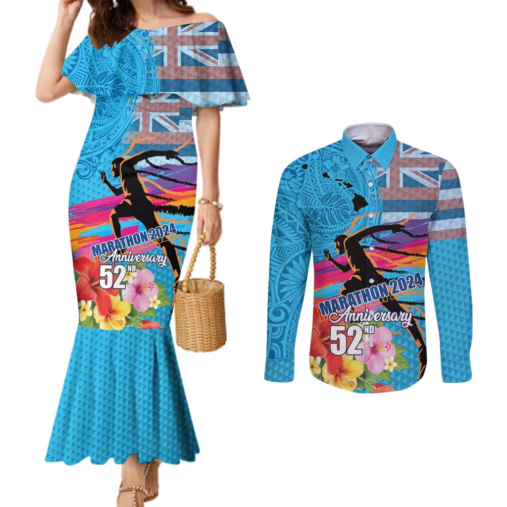 Honolulu Anniversary 52nd Running Couples Matching Mermaid Dress and Long Sleeve Button Shirt Marathon Competition Kakau Pattern Blue Color