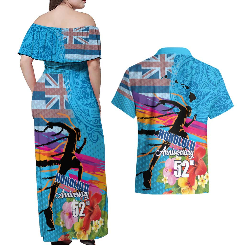 Honolulu Anniversary 52nd Running Couples Matching Off Shoulder Maxi Dress and Hawaiian Shirt Marathon Competition Kakau Pattern Blue Color