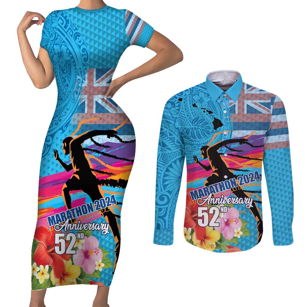Honolulu Anniversary 52nd Running Couples Matching Short Sleeve Bodycon Dress and Long Sleeve Button Shirt Marathon Competition Kakau Pattern Blue Color