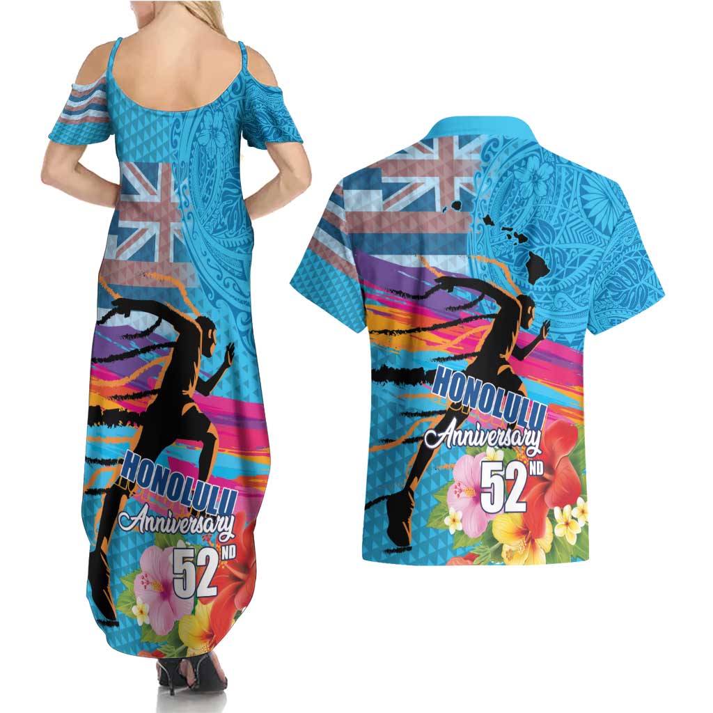 Honolulu Anniversary 52nd Running Couples Matching Summer Maxi Dress and Hawaiian Shirt Marathon Competition Kakau Pattern Blue Color
