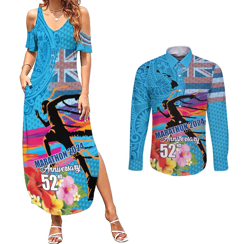 Honolulu Anniversary 52nd Running Couples Matching Summer Maxi Dress and Long Sleeve Button Shirt Marathon Competition Kakau Pattern Blue Color