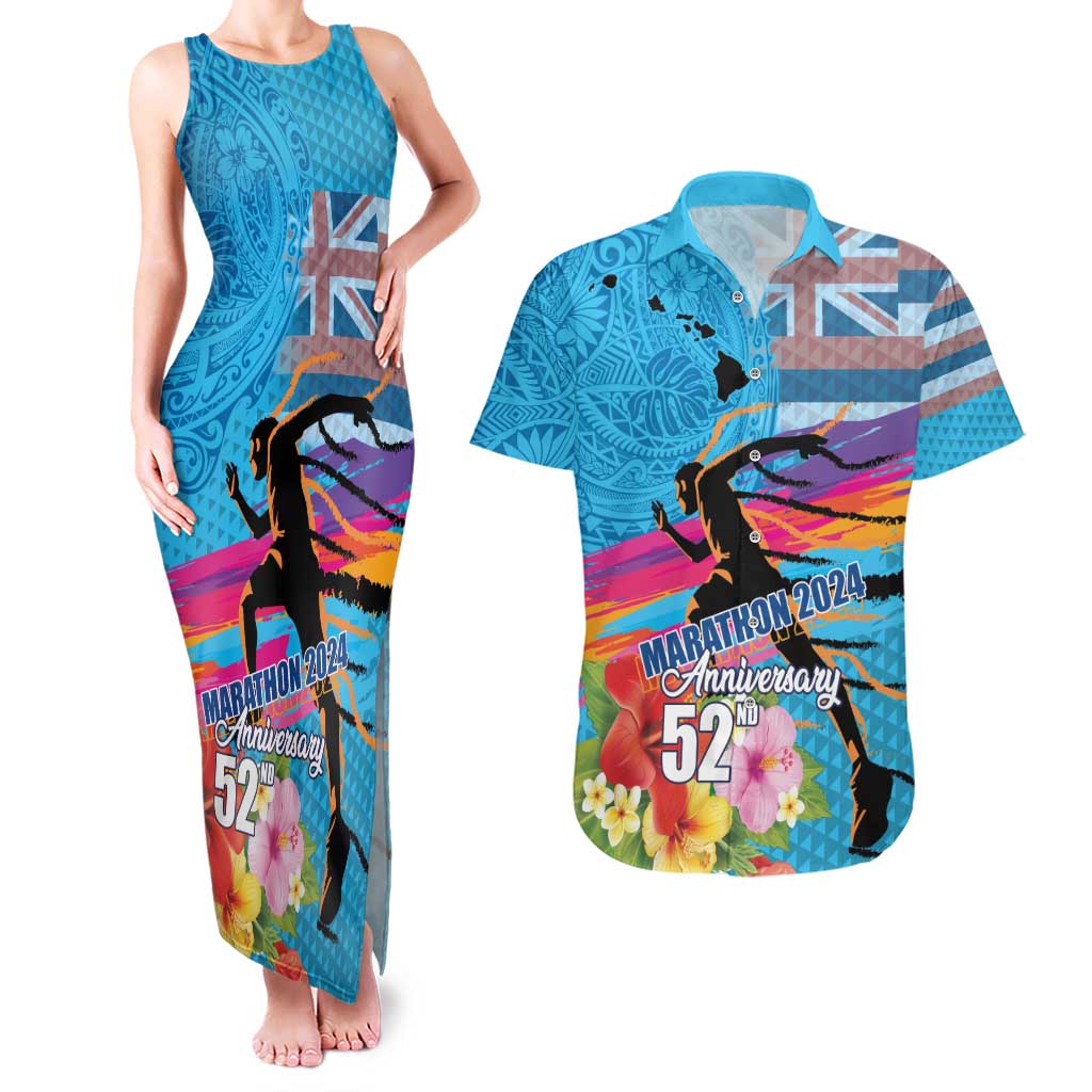 Honolulu Anniversary 52nd Running Couples Matching Tank Maxi Dress and Hawaiian Shirt Marathon Competition Kakau Pattern Blue Color