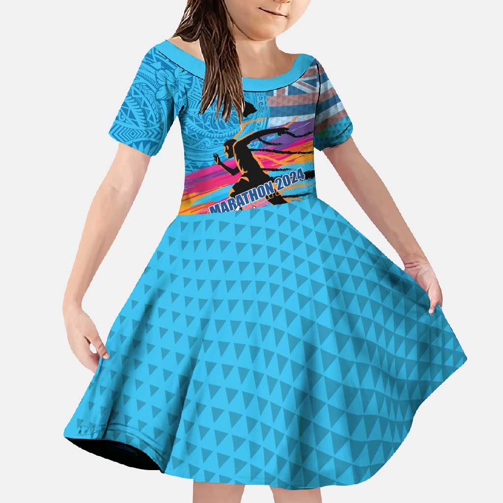 Honolulu Anniversary 52nd Running Family Matching Long Sleeve Bodycon Dress and Hawaiian Shirt Marathon Competition Kakau Pattern Blue Color LT03 Daughter's Dress Blue - Polynesian Pride