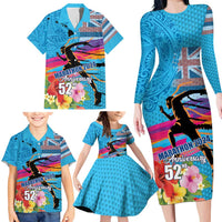 Honolulu Anniversary 52nd Running Family Matching Long Sleeve Bodycon Dress and Hawaiian Shirt Marathon Competition Kakau Pattern Blue Color LT03 - Polynesian Pride