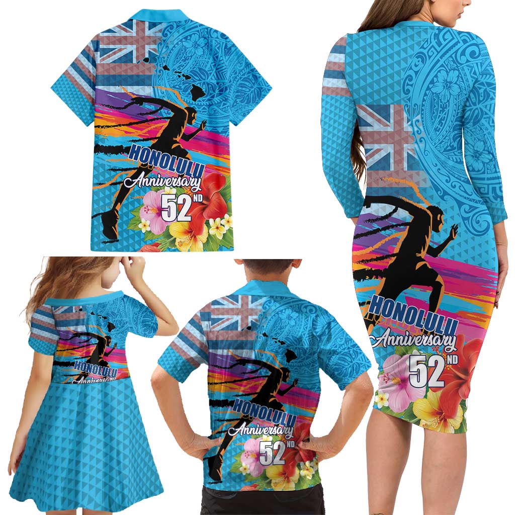 Honolulu Anniversary 52nd Running Family Matching Long Sleeve Bodycon Dress and Hawaiian Shirt Marathon Competition Kakau Pattern Blue Color LT03 - Polynesian Pride