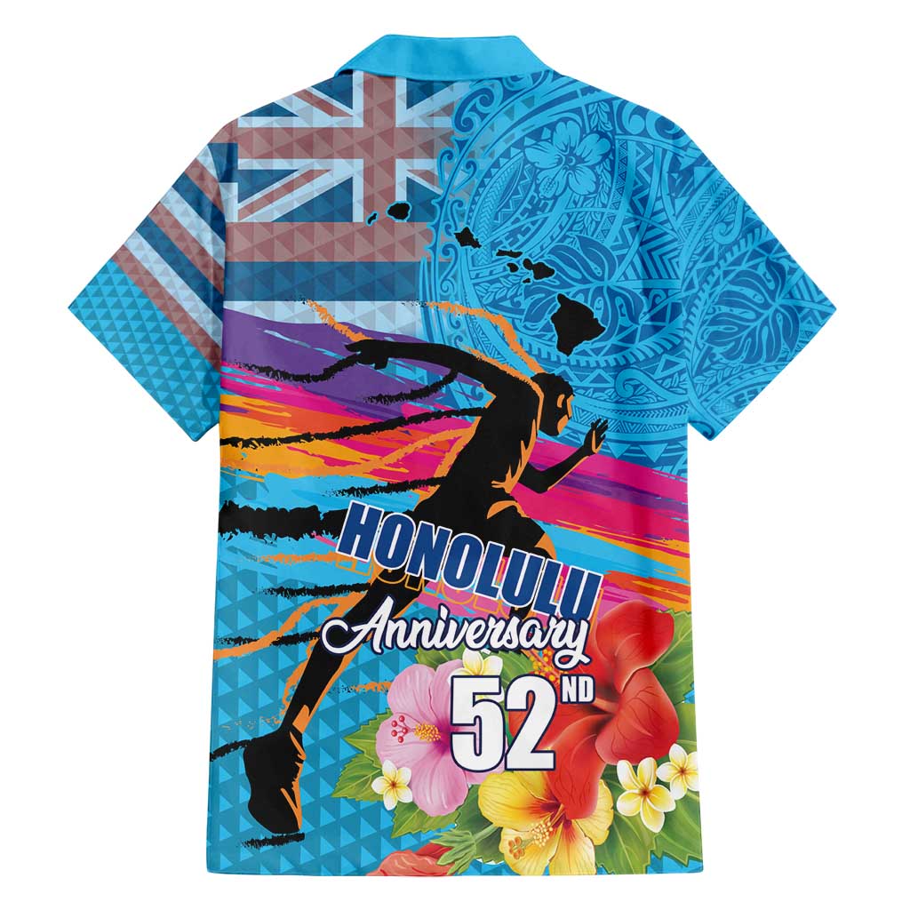 Honolulu Anniversary 52nd Running Family Matching Long Sleeve Bodycon Dress and Hawaiian Shirt Marathon Competition Kakau Pattern Blue Color LT03 - Polynesian Pride