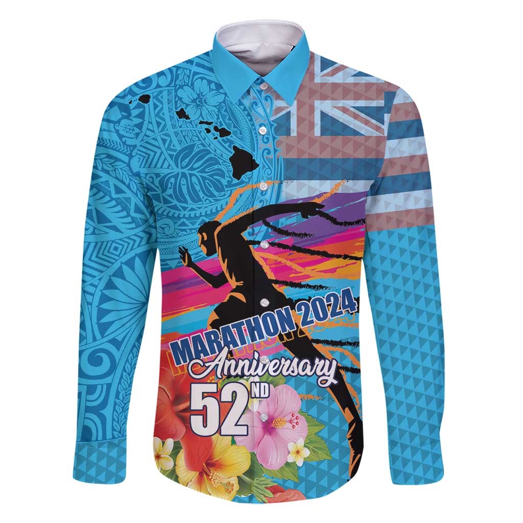 Honolulu Anniversary 52nd Running Family Matching Long Sleeve Bodycon Dress and Hawaiian Shirt Marathon Competition Kakau Pattern Blue Color LT03 Dad's Shirt - Long Sleeve Blue - Polynesian Pride