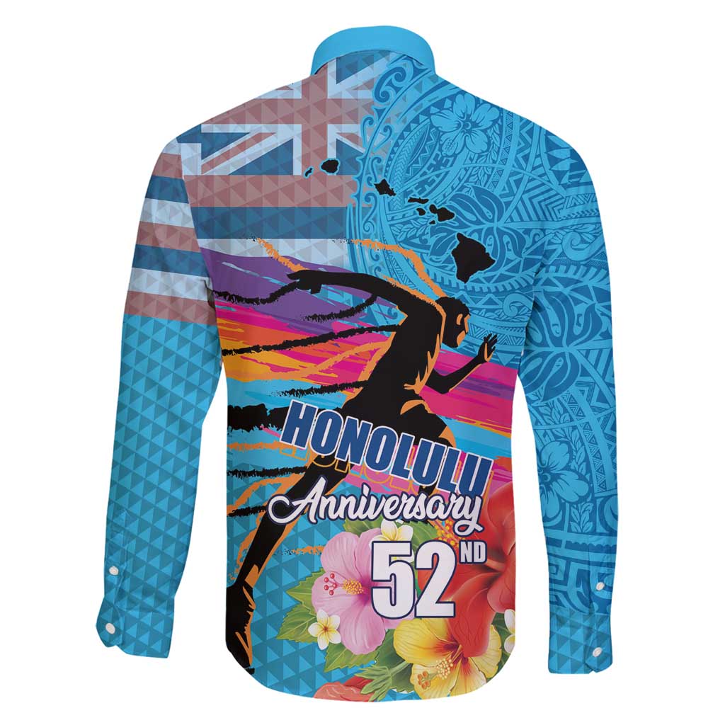 Honolulu Anniversary 52nd Running Family Matching Long Sleeve Bodycon Dress and Hawaiian Shirt Marathon Competition Kakau Pattern Blue Color LT03 - Polynesian Pride