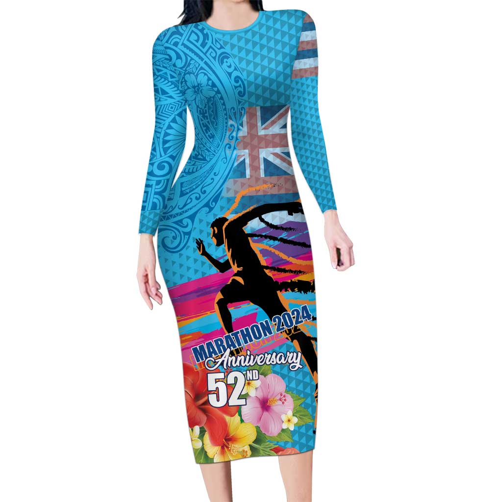 Honolulu Anniversary 52nd Running Family Matching Long Sleeve Bodycon Dress and Hawaiian Shirt Marathon Competition Kakau Pattern Blue Color LT03 Mom's Dress Blue - Polynesian Pride