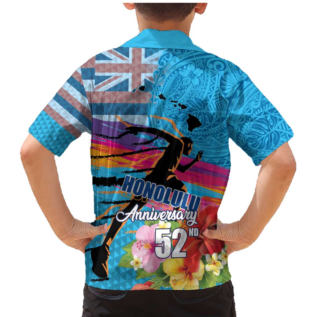 Honolulu Anniversary 52nd Running Family Matching Mermaid Dress and Hawaiian Shirt Marathon Competition Kakau Pattern Blue Color