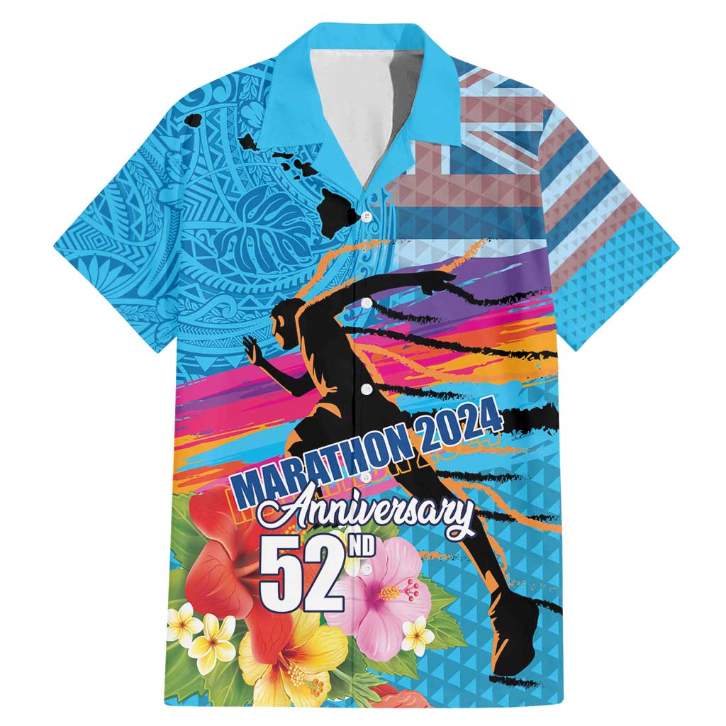 Honolulu Anniversary 52nd Running Family Matching Mermaid Dress and Hawaiian Shirt Marathon Competition Kakau Pattern Blue Color