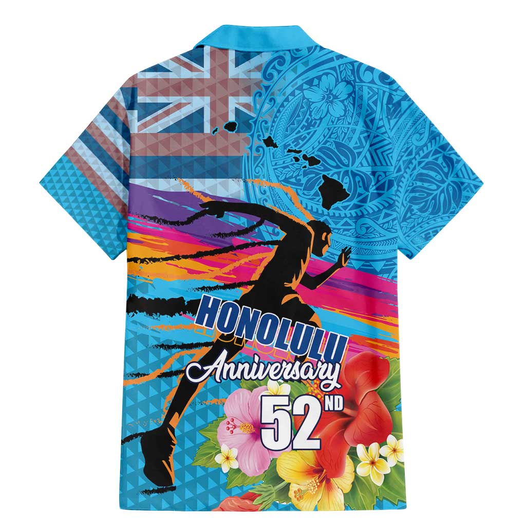 Honolulu Anniversary 52nd Running Family Matching Mermaid Dress and Hawaiian Shirt Marathon Competition Kakau Pattern Blue Color