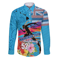 Honolulu Anniversary 52nd Running Family Matching Off Shoulder Maxi Dress and Hawaiian Shirt Marathon Competition Kakau Pattern Blue Color