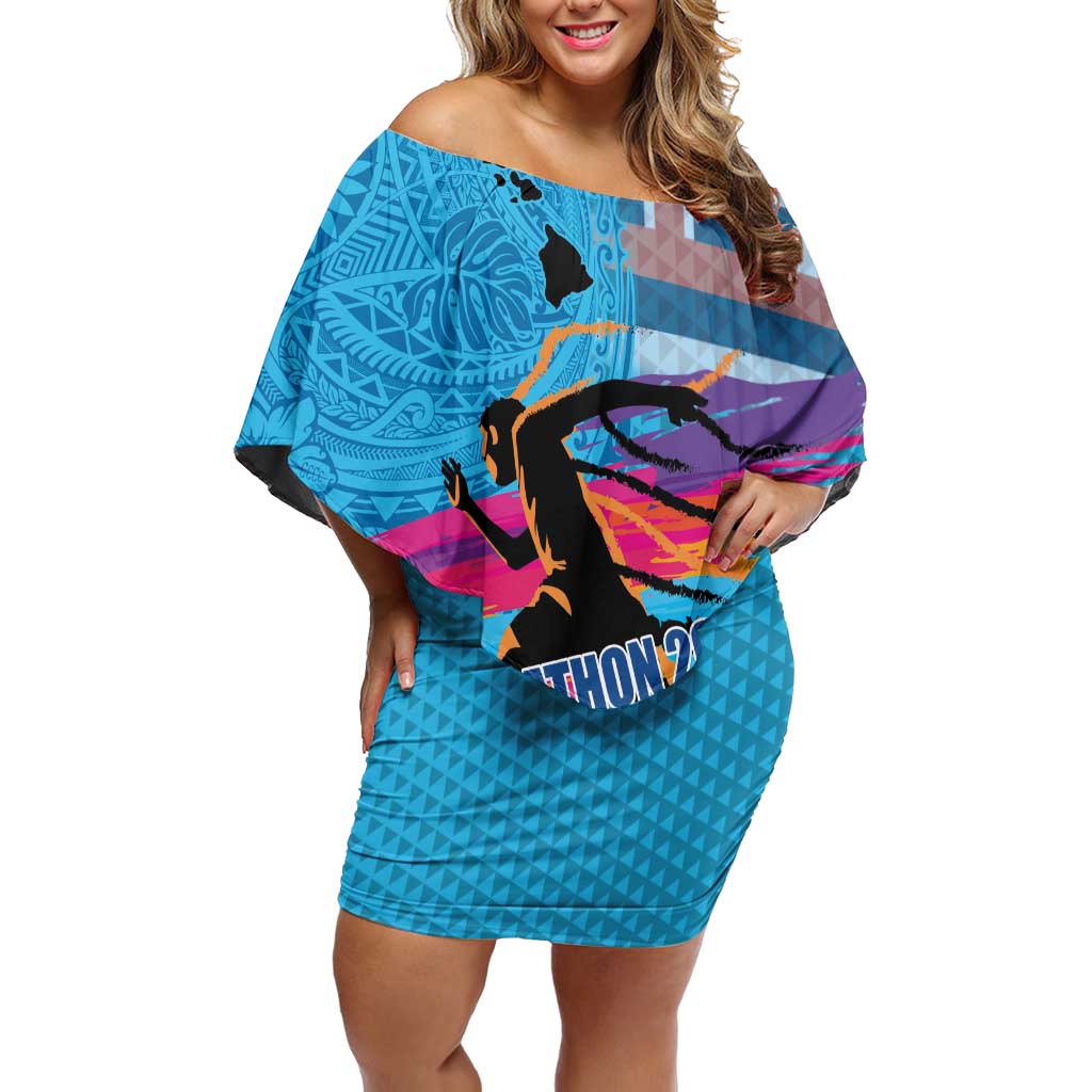 Honolulu Anniversary 52nd Running Family Matching Off Shoulder Short Dress and Hawaiian Shirt Marathon Competition Kakau Pattern Blue Color
