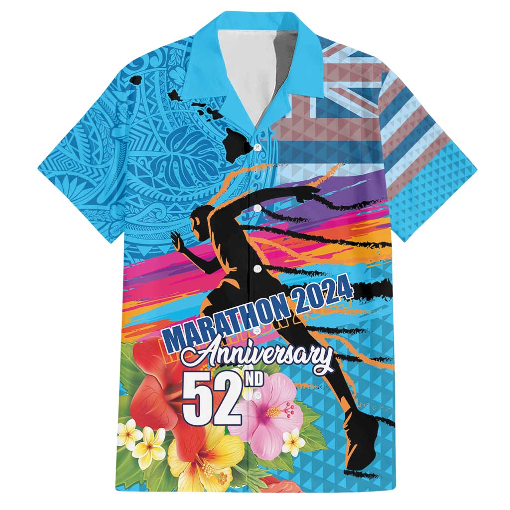 Honolulu Anniversary 52nd Running Hawaiian Shirt Marathon Competition Kakau Pattern Blue Color