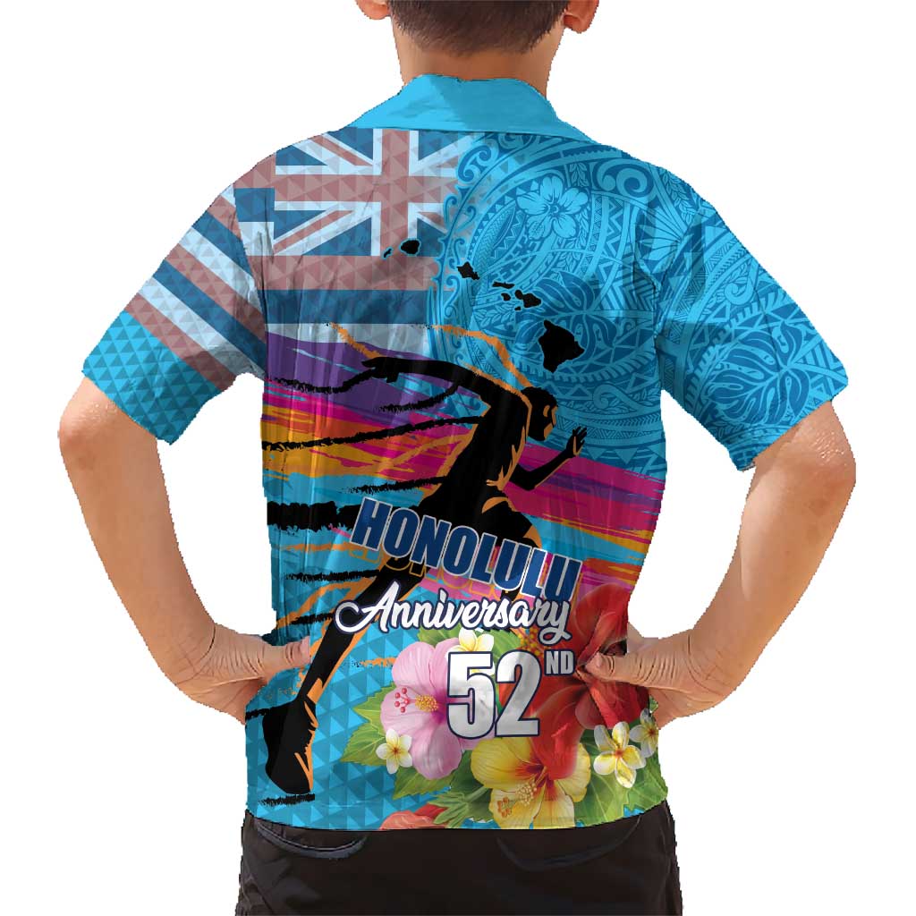 Honolulu Anniversary 52nd Running Kid Hawaiian Shirt Marathon Competition Kakau Pattern Blue Color