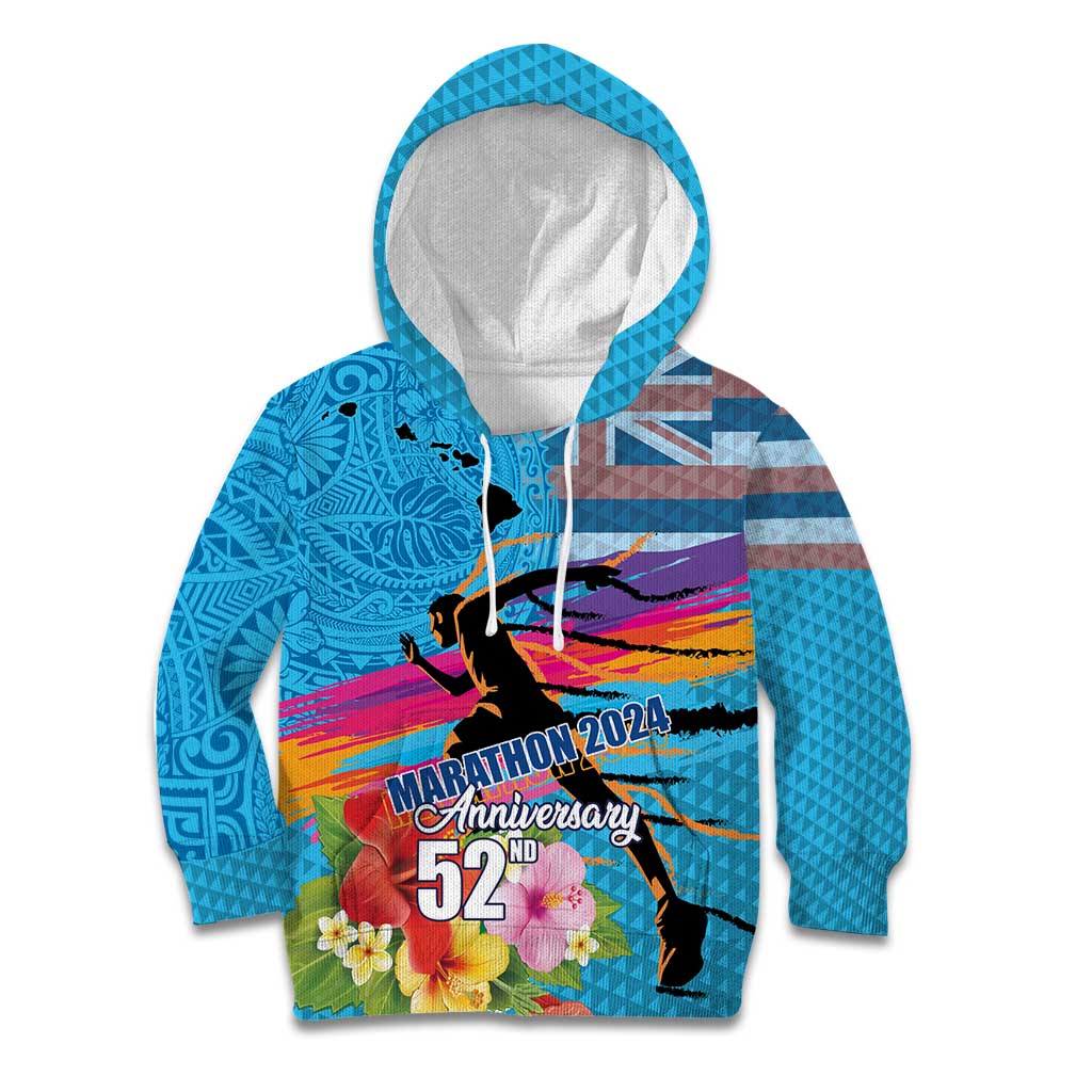 Honolulu Anniversary 52nd Running Kid Hoodie Marathon Competition Kakau Pattern Blue Color