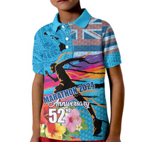 Honolulu Anniversary 52nd Running Kid Polo Shirt Marathon Competition Kakau Pattern Blue Color