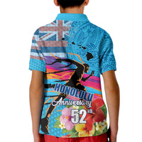 Honolulu Anniversary 52nd Running Kid Polo Shirt Marathon Competition Kakau Pattern Blue Color