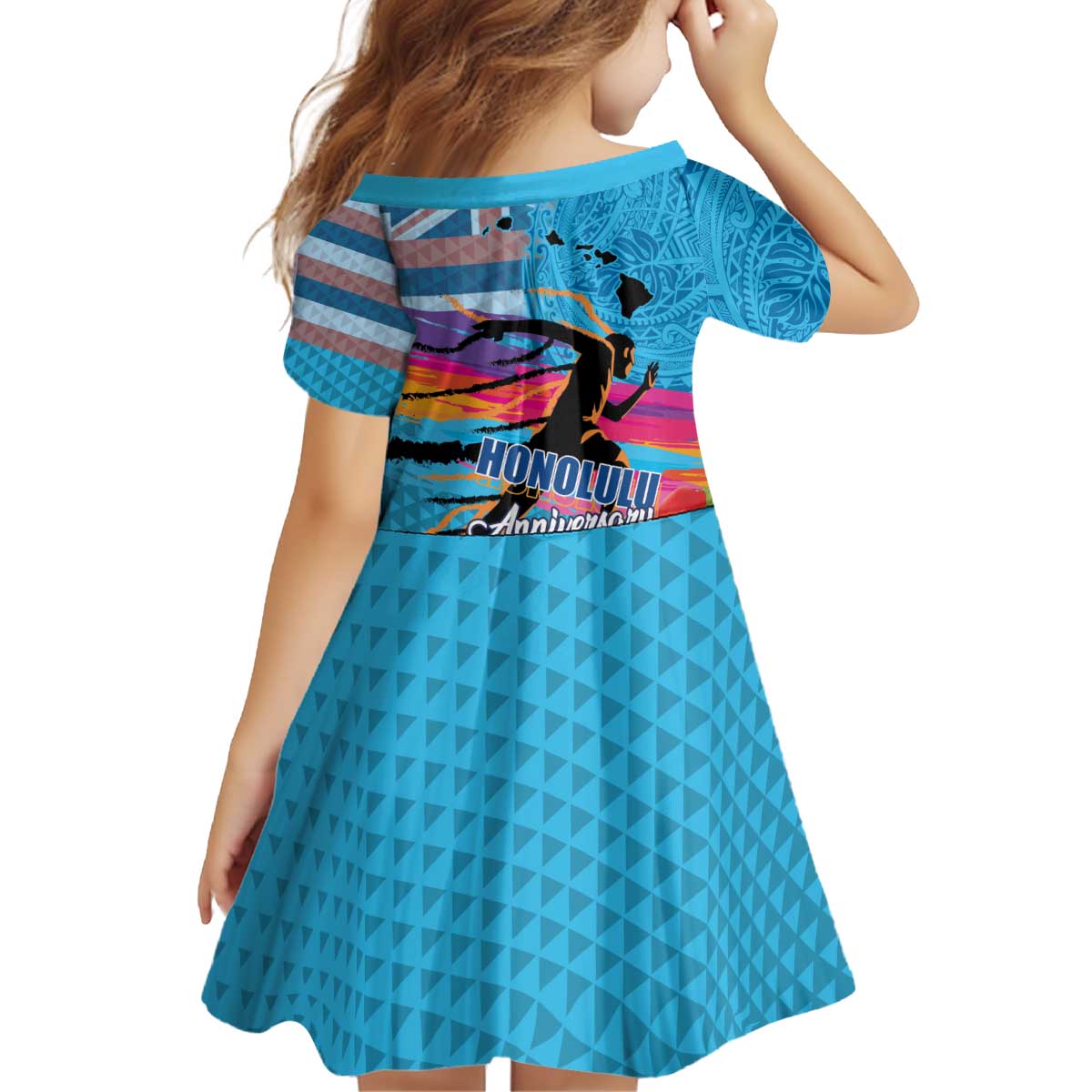 Honolulu Anniversary 52nd Running Kid Short Sleeve Dress Marathon Competition Kakau Pattern Blue Color