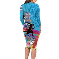 Honolulu Anniversary 52nd Running Long Sleeve Bodycon Dress Marathon Competition Kakau Pattern Blue Color
