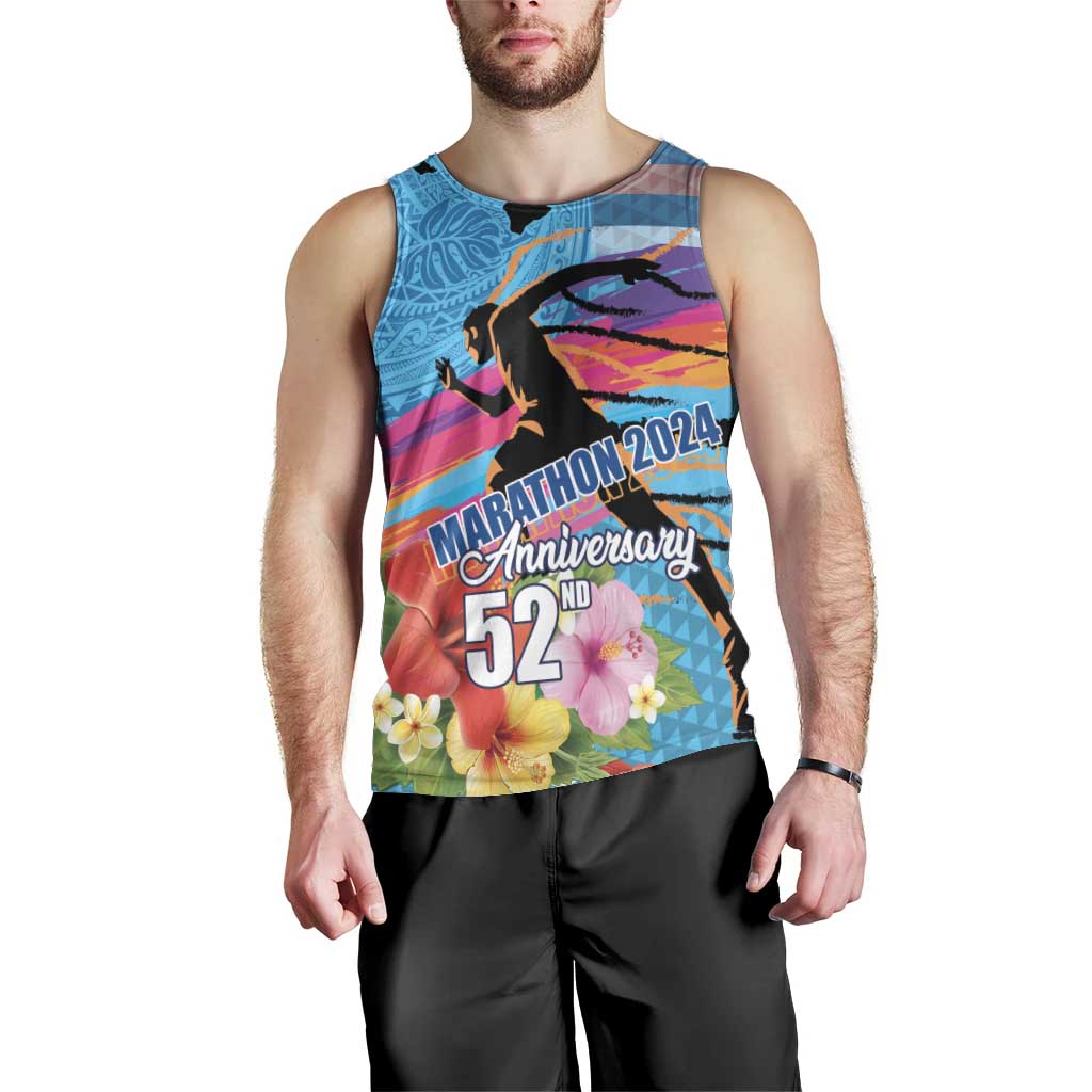 Honolulu Anniversary 52nd Running Men Tank Top Marathon Competition Kakau Pattern Blue Color