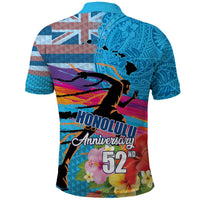 Honolulu Anniversary 52nd Running Polo Shirt Marathon Competition Kakau Pattern Blue Color