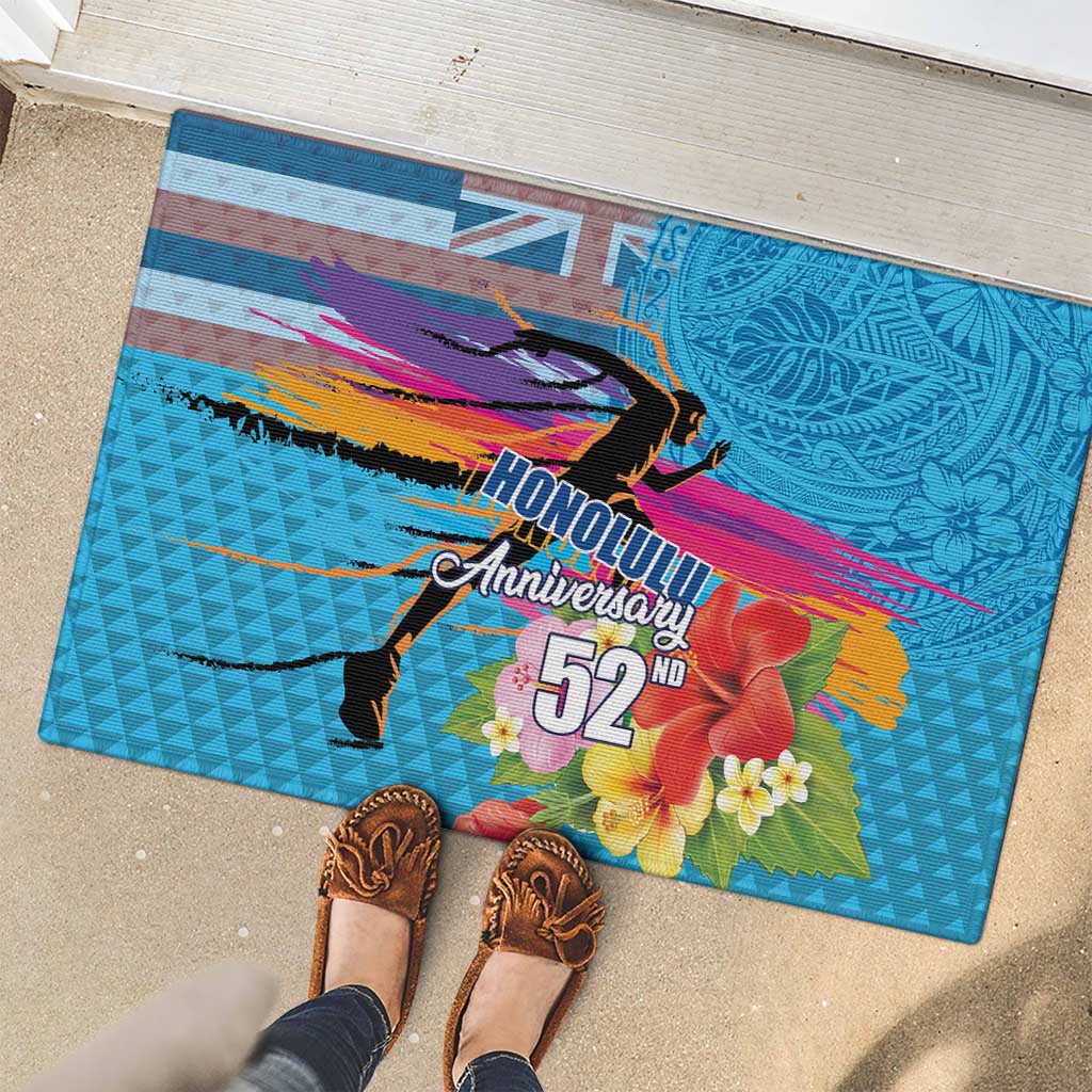 Honolulu Anniversary 52nd Running Rubber Doormat Marathon Competition Kakau Pattern Blue Color