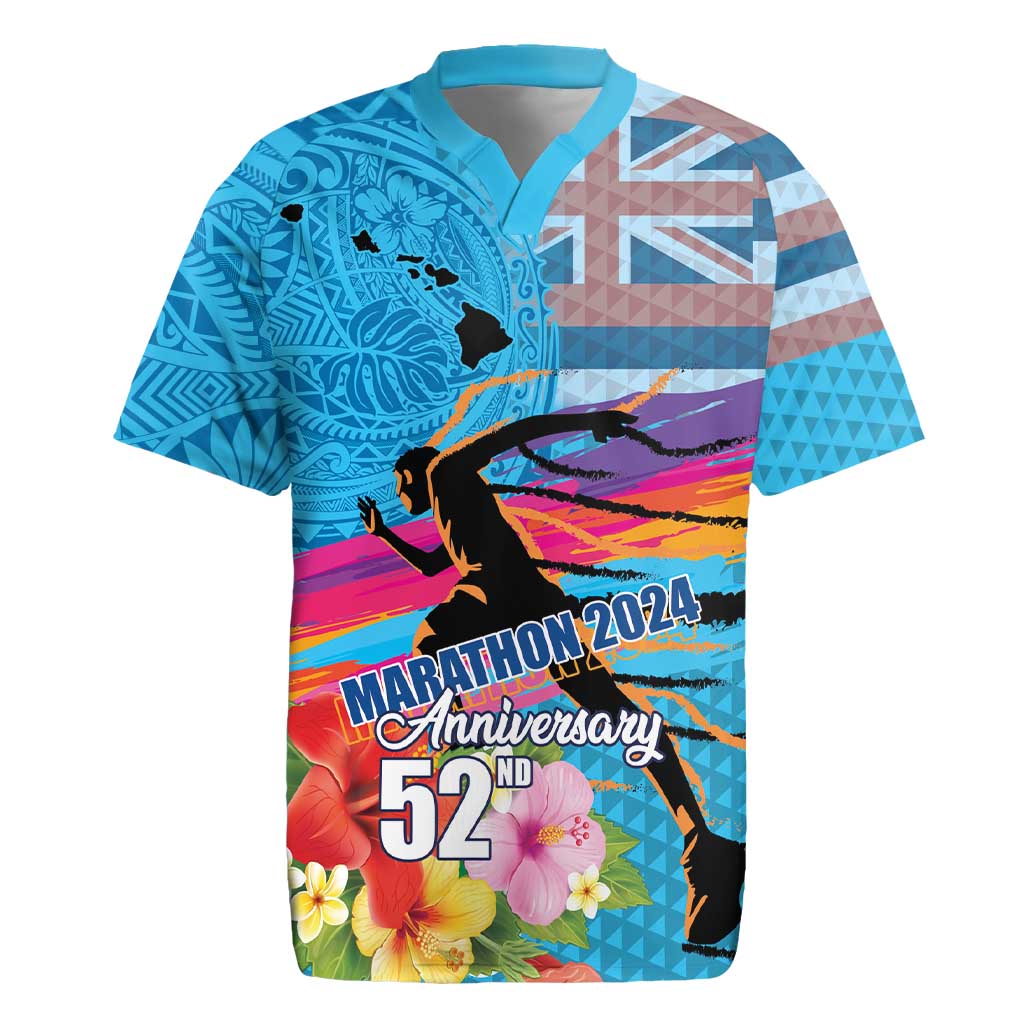 Honolulu Anniversary 52nd Running Rugby Jersey Marathon Competition Kakau Pattern Blue Color