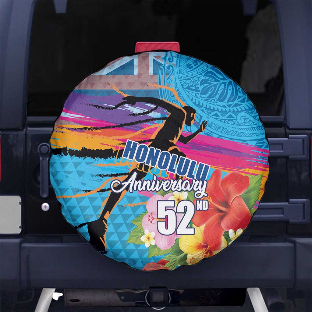 Honolulu Anniversary 52nd Running Spare Tire Cover Marathon Competition Kakau Pattern Blue Color