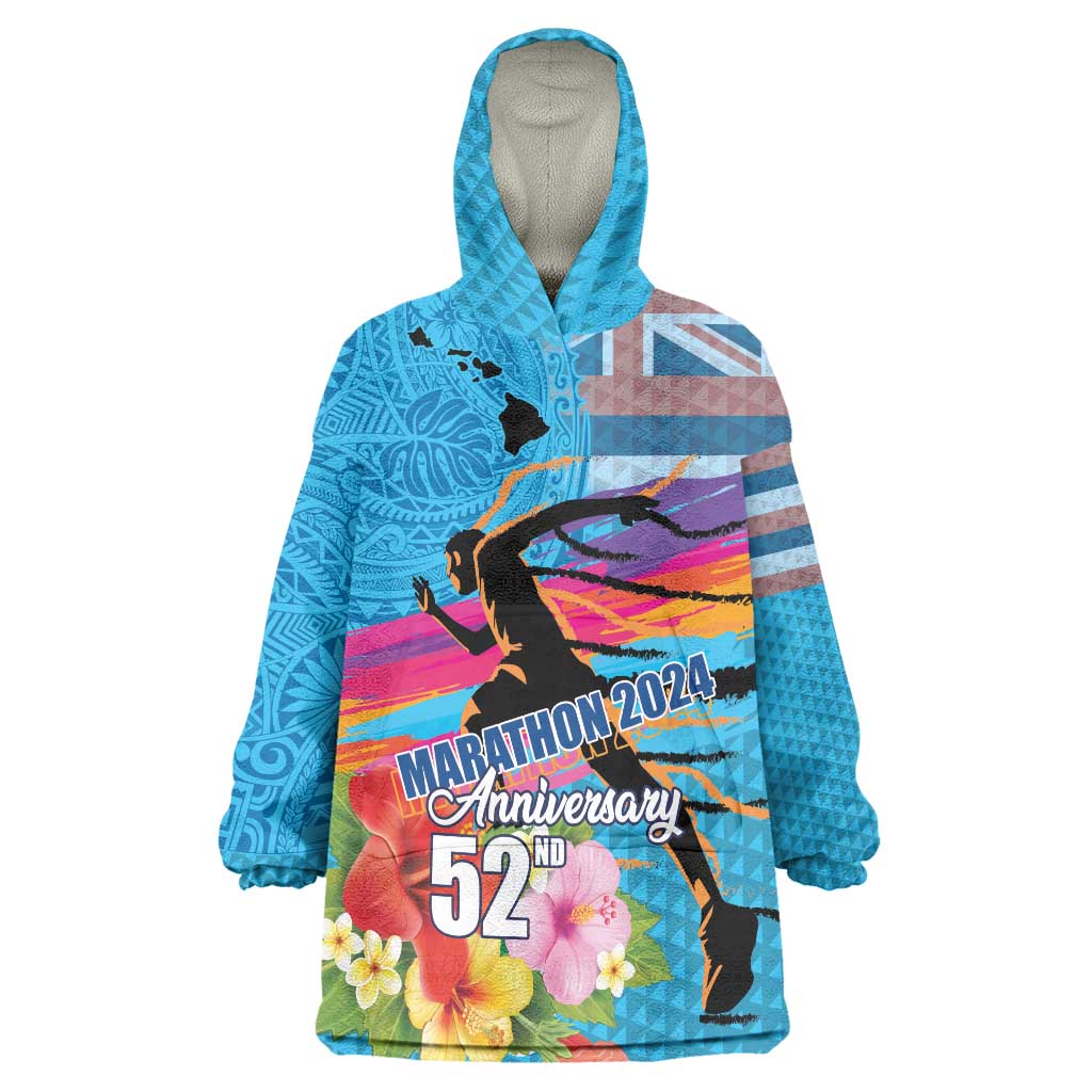 Honolulu Anniversary 52nd Running Wearable Blanket Hoodie Marathon Competition Kakau Pattern Blue Color