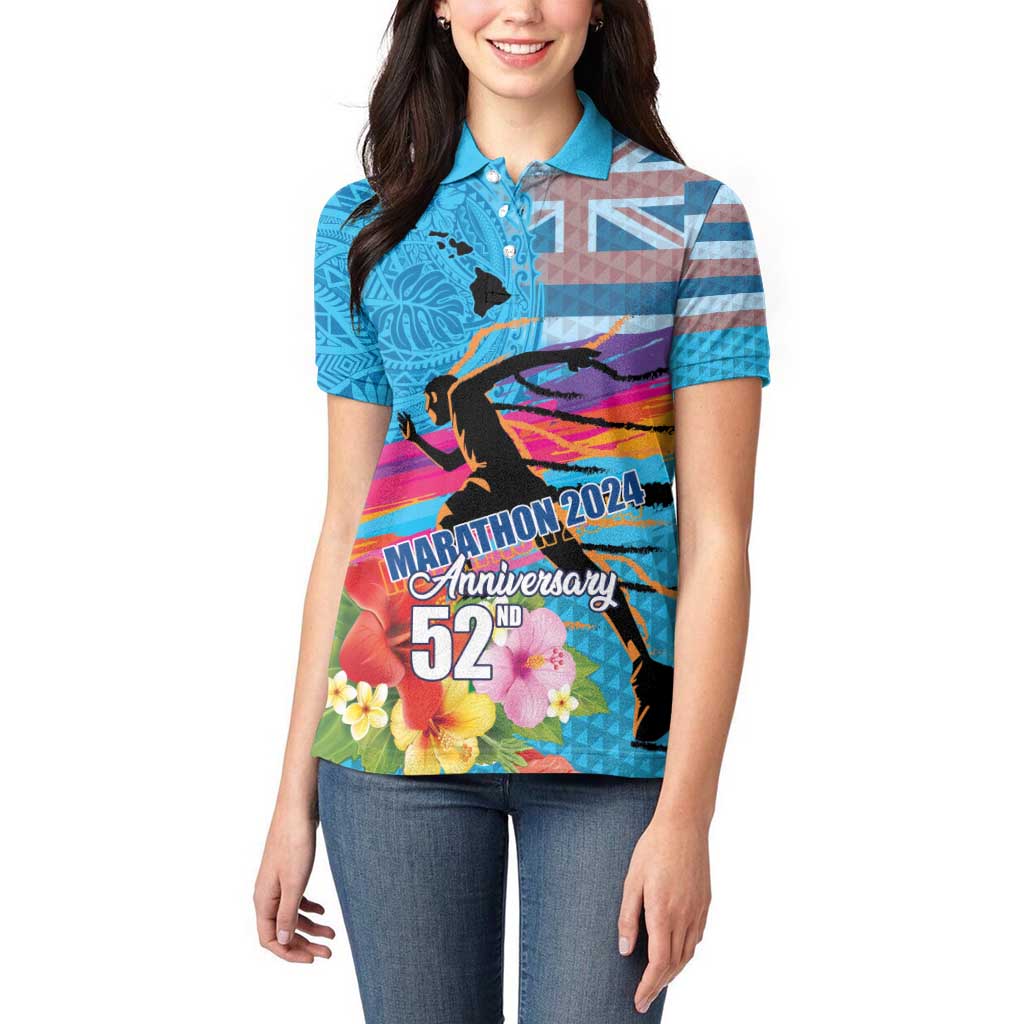 Honolulu Anniversary 52nd Running Women Polo Shirt Marathon Competition Kakau Pattern Blue Color