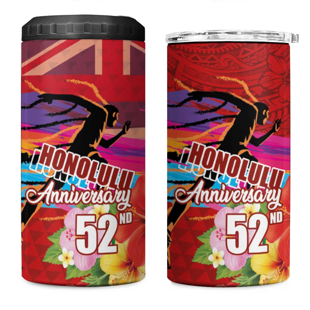 Honolulu Anniversary 52nd Running 4 in 1 Can Cooler Tumbler Marathon Competition Kakau Pattern Red Color