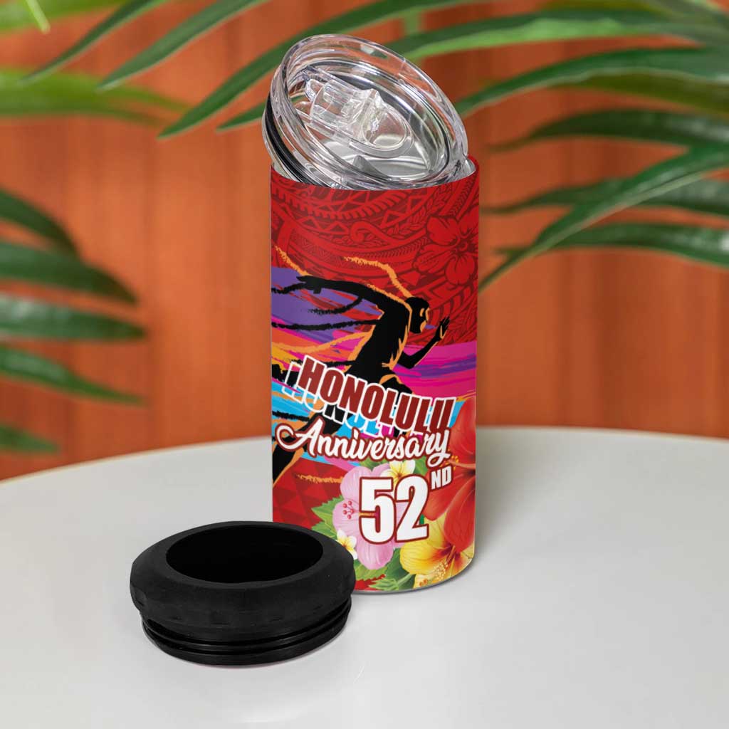 Honolulu Anniversary 52nd Running 4 in 1 Can Cooler Tumbler Marathon Competition Kakau Pattern Red Color