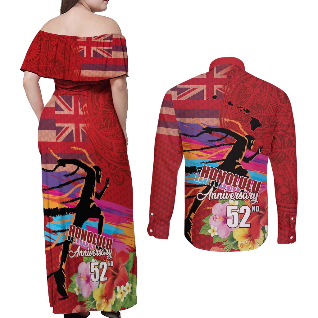 Honolulu Anniversary 52nd Running Couples Matching Off Shoulder Maxi Dress and Long Sleeve Button Shirt Marathon Competition Kakau Pattern Red Color
