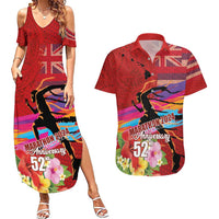 Honolulu Anniversary 52nd Running Couples Matching Summer Maxi Dress and Hawaiian Shirt Marathon Competition Kakau Pattern Red Color
