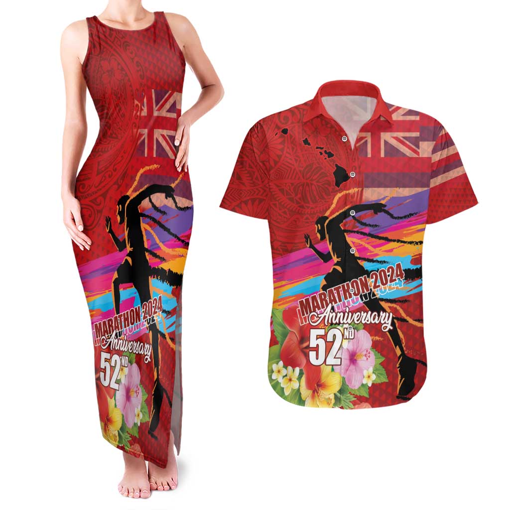 Honolulu Anniversary 52nd Running Couples Matching Tank Maxi Dress and Hawaiian Shirt Marathon Competition Kakau Pattern Red Color