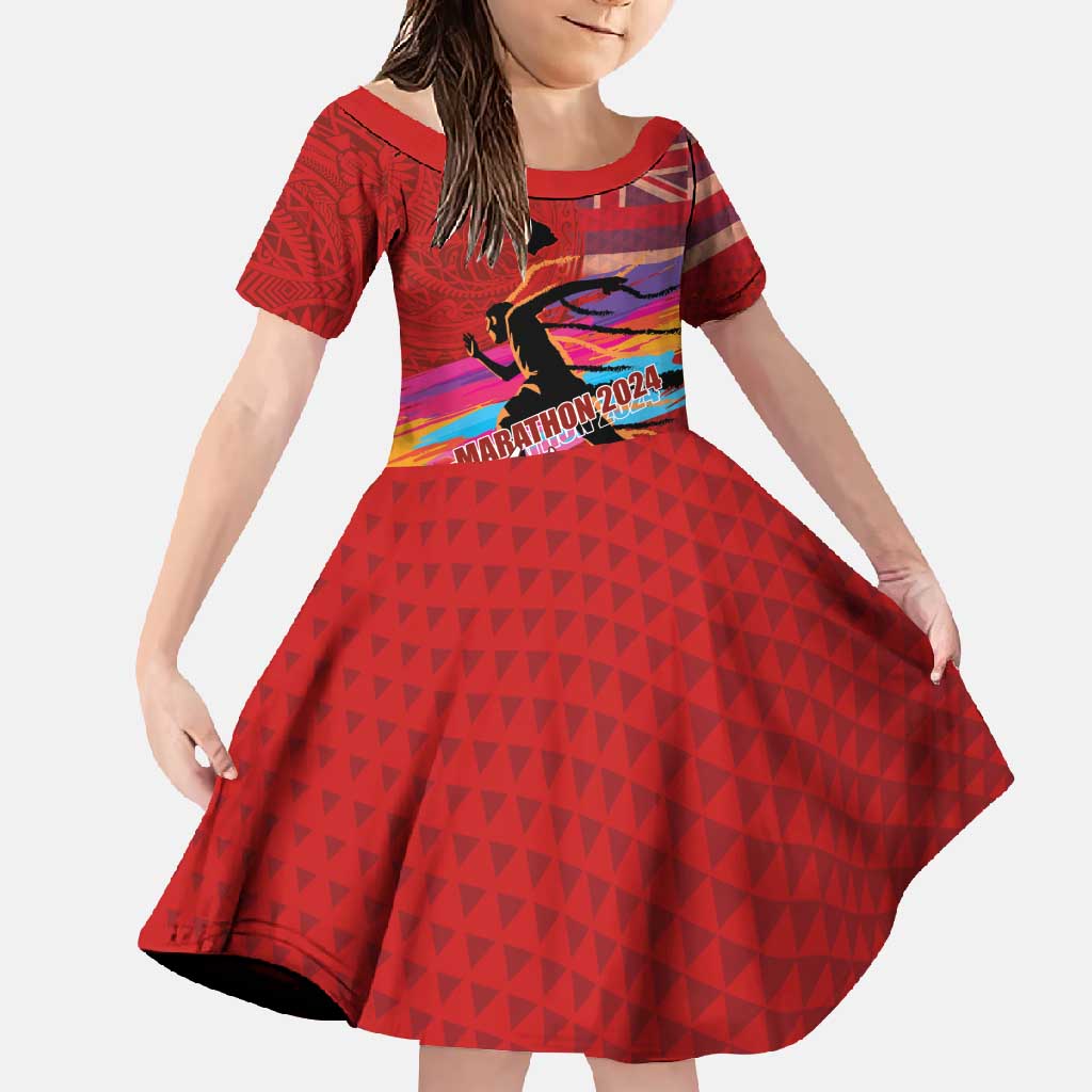 Honolulu Anniversary 52nd Running Family Matching Long Sleeve Bodycon Dress and Hawaiian Shirt Marathon Competition Kakau Pattern Red Color LT03 Daughter's Dress Red - Polynesian Pride