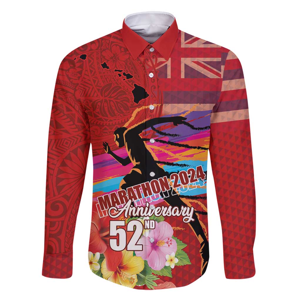 Honolulu Anniversary 52nd Running Family Matching Long Sleeve Bodycon Dress and Hawaiian Shirt Marathon Competition Kakau Pattern Red Color LT03 Dad's Shirt - Long Sleeve Red - Polynesian Pride