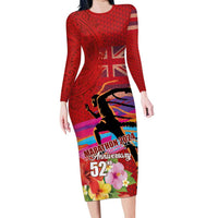 Honolulu Anniversary 52nd Running Family Matching Long Sleeve Bodycon Dress and Hawaiian Shirt Marathon Competition Kakau Pattern Red Color LT03 Mom's Dress Red - Polynesian Pride