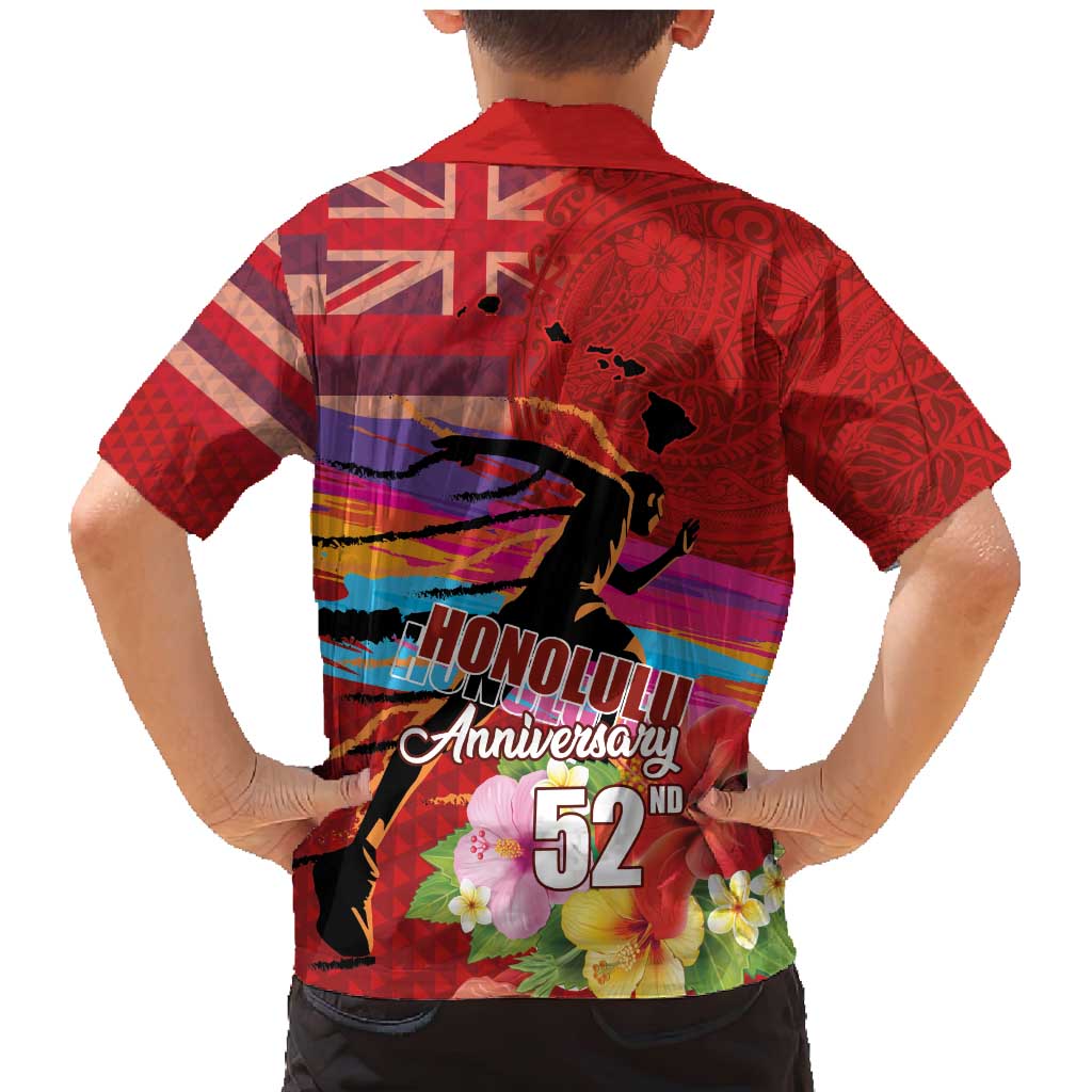 Honolulu Anniversary 52nd Running Family Matching Mermaid Dress and Hawaiian Shirt Marathon Competition Kakau Pattern Red Color