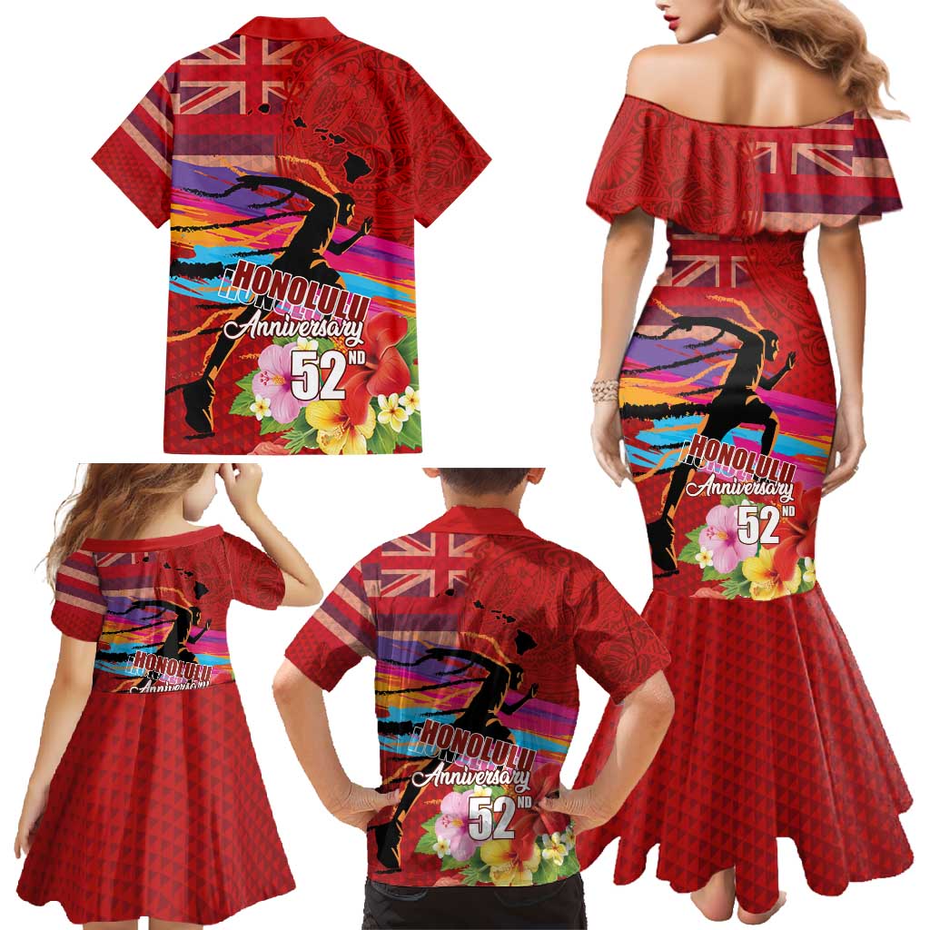 Honolulu Anniversary 52nd Running Family Matching Mermaid Dress and Hawaiian Shirt Marathon Competition Kakau Pattern Red Color