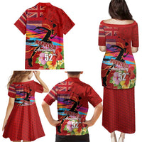 Honolulu Anniversary 52nd Running Family Matching Puletasi and Hawaiian Shirt Marathon Competition Kakau Pattern Red Color