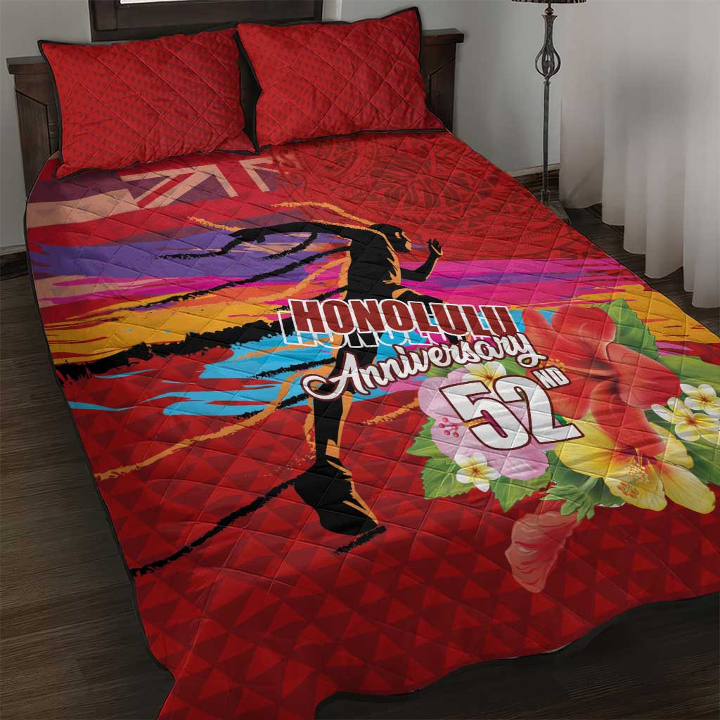 Honolulu Anniversary 52nd Running Quilt Bed Set Marathon Competition Kakau Pattern Red Color