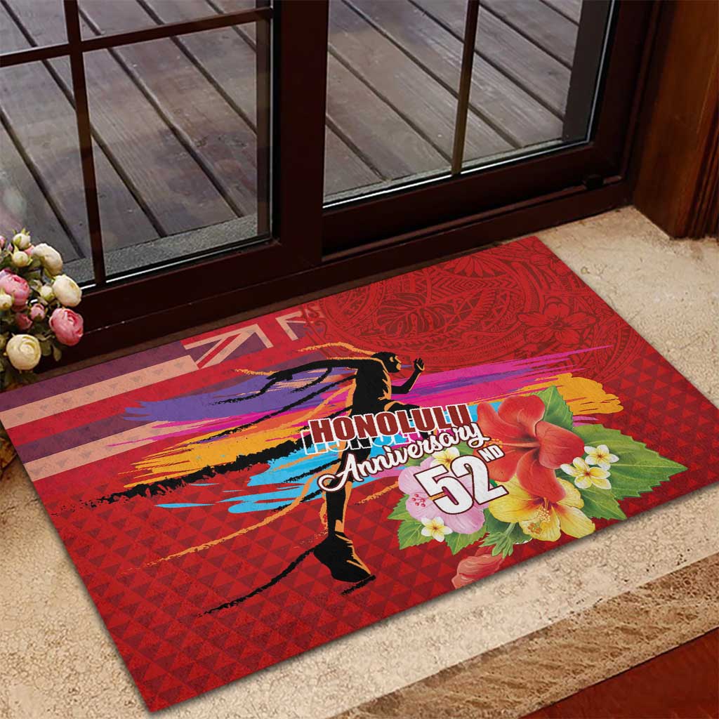 Honolulu Anniversary 52nd Running Rubber Doormat Marathon Competition Kakau Pattern Red Color