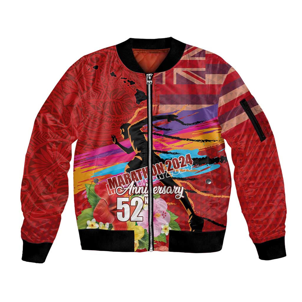 Honolulu Anniversary 52nd Running Sleeve Zip Bomber Jacket Marathon Competition Kakau Pattern Red Color